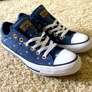 Navy and White polka dot Converse
